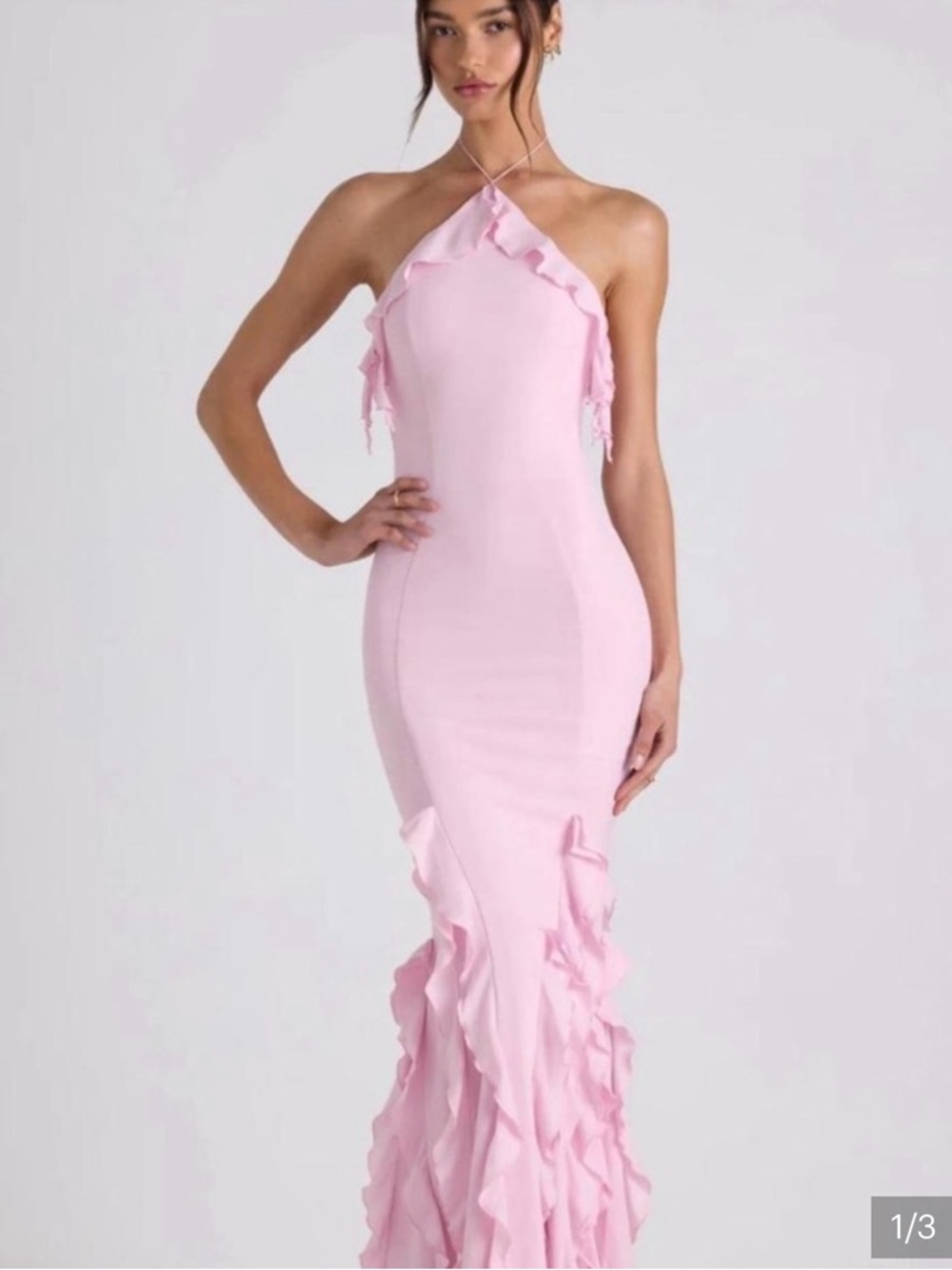 Oh Polly Blush Pink Ruffle-Trim Halter Neck Gown